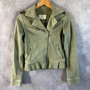 ZARA Military Utility Jacket Women Small S Army Green Star Shoulder Zip Up Boho